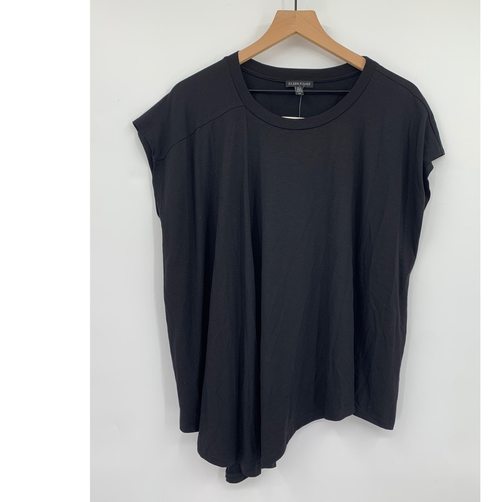 Eileen Fisher Shirt Womens Small Black Asymmetrical Hem Cap Sleeve Tee Oversized